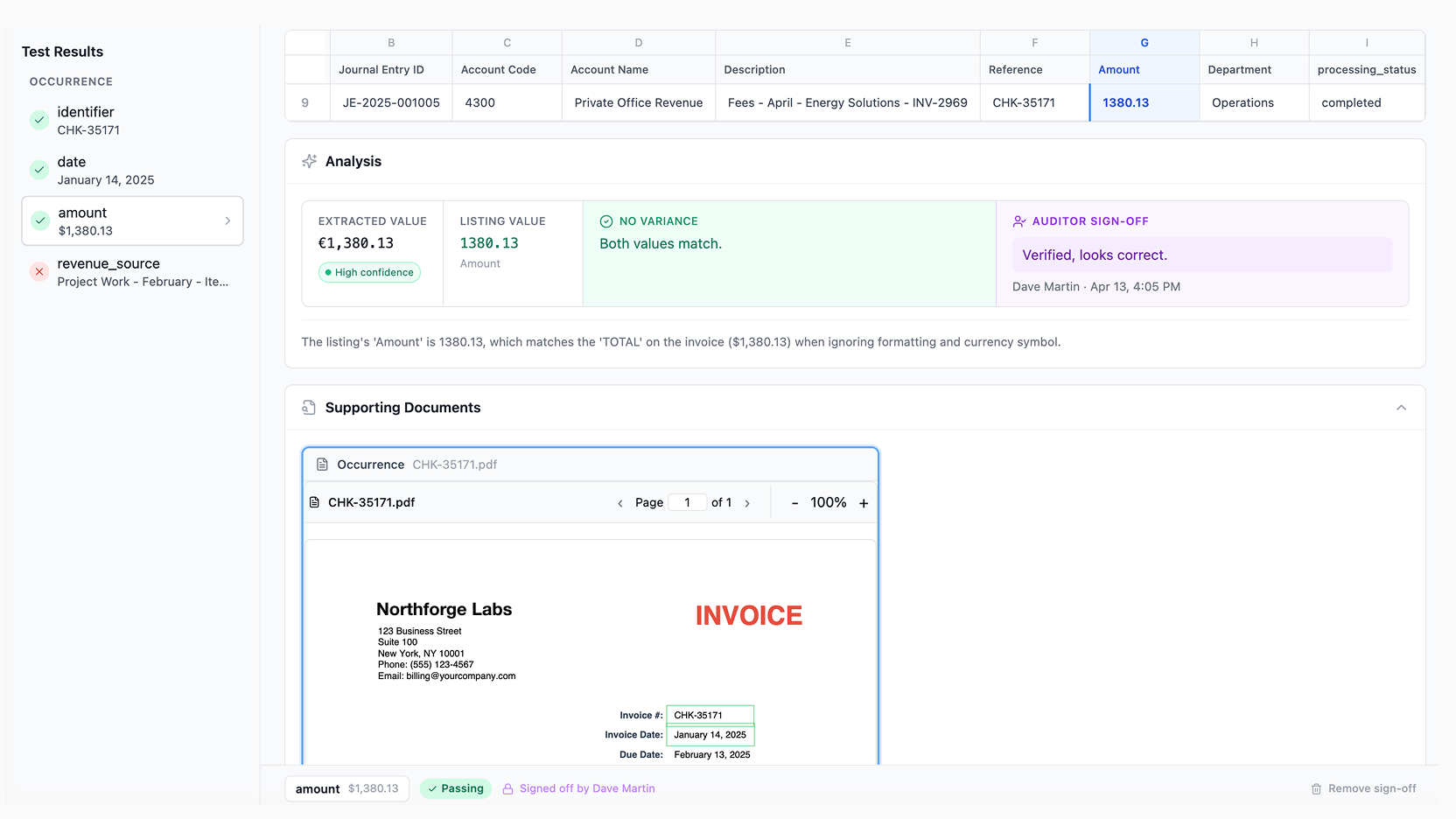 Audrey AI workpaper — test of details output